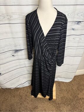 Perceptions Black Striped Wrap Midi Dress